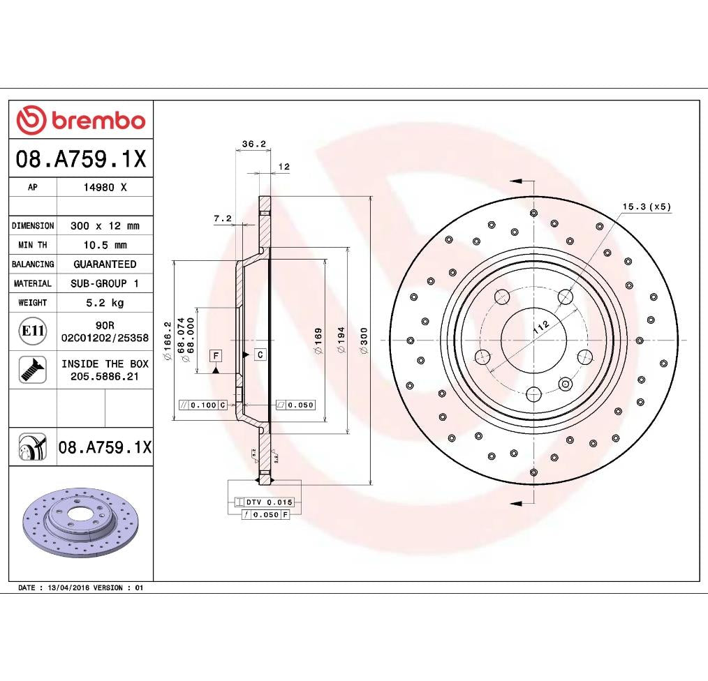 Brembo 08.A759.1X XTRA Arka Fren Diski (Delikli – 300 mm)