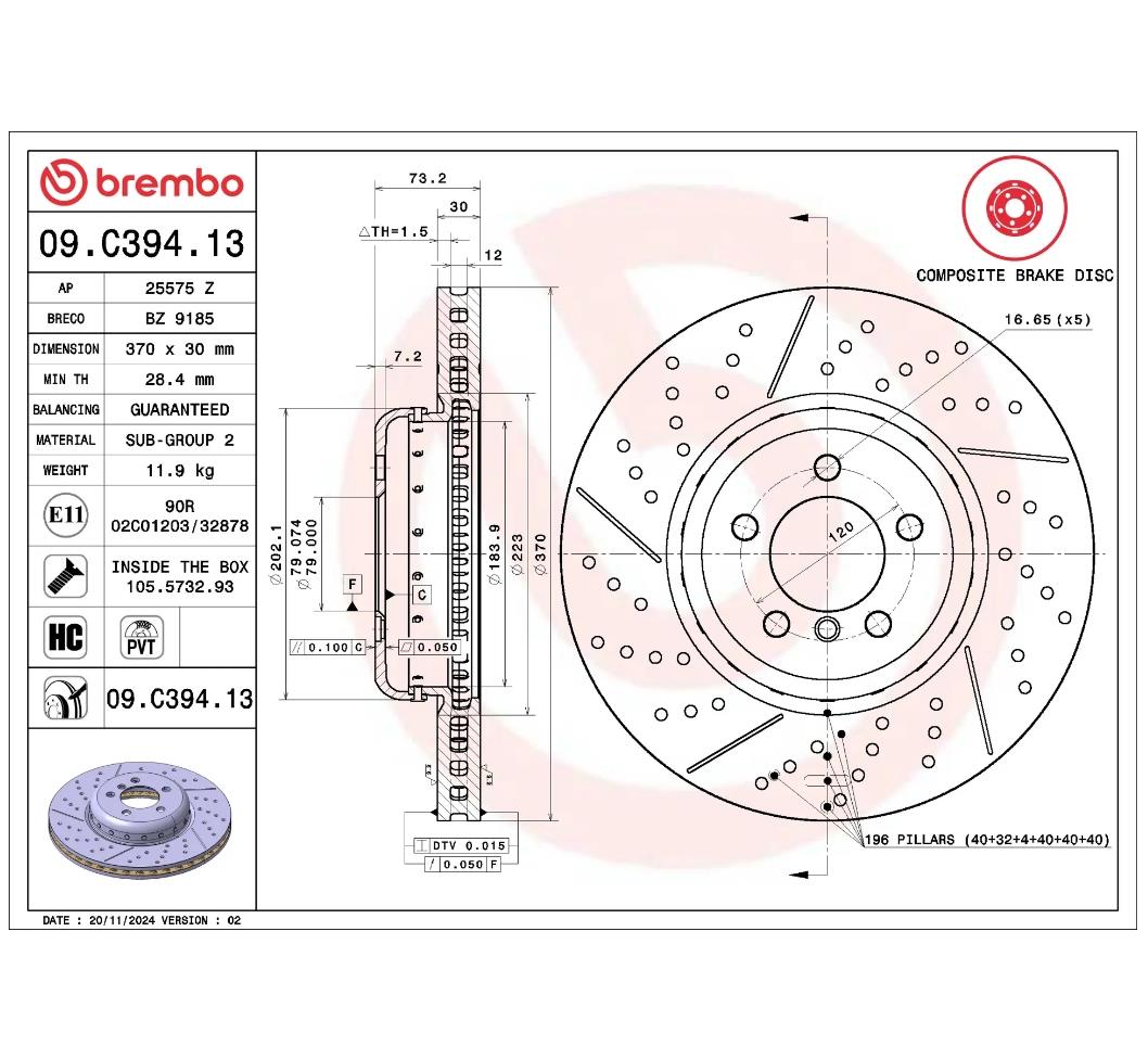 Brembo 09.C394.13 Ön Fren Diski – BMW M3 / M4 / M2 Competition – 370mm Kompozit (2 Parça) Performans Disk