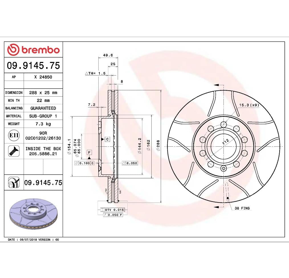 Brembo 09.9145.75 Ön Fren Diski (Oluklu – 288 mm)