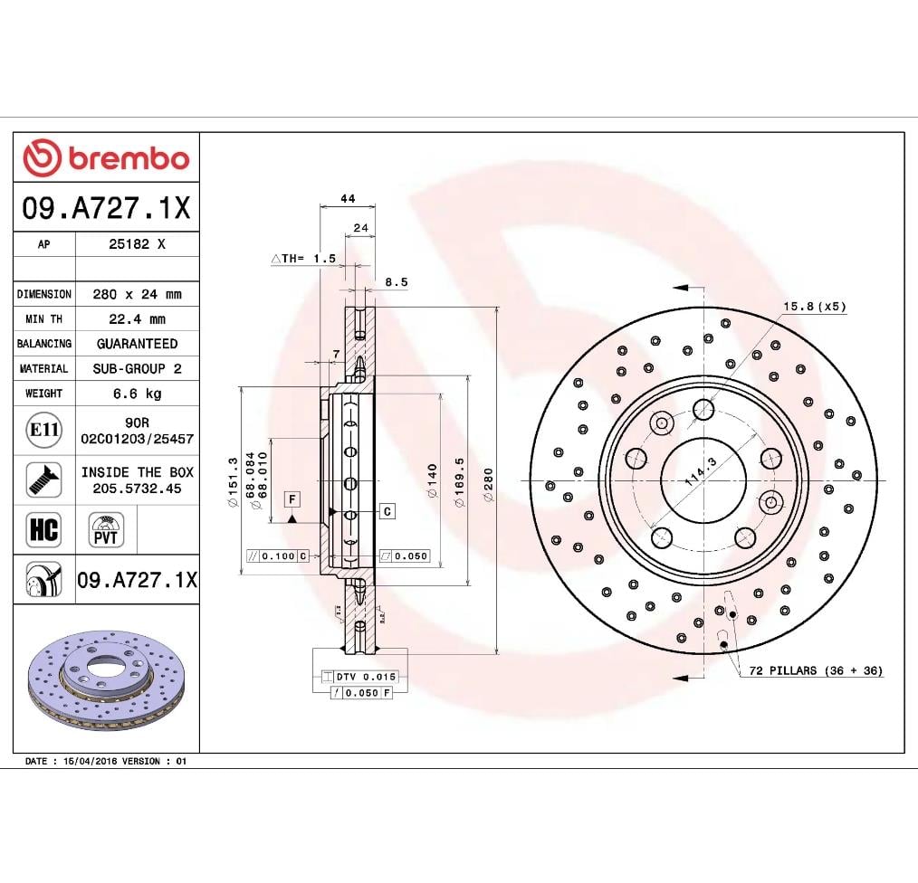 Brembo 09.A727.1X XTRA Ön Fren Diski (Delikli – 280 mm)