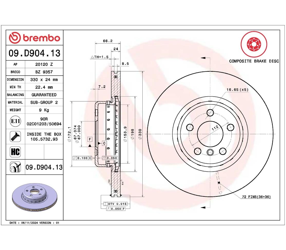 Brembo 09.D904.13 Premium Ön Fren Diski (Kompozit – 330 mm)